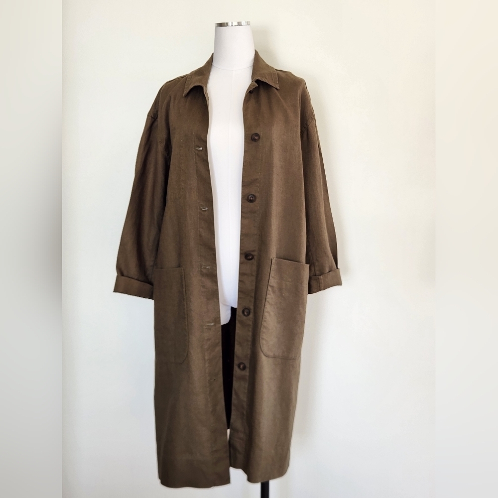 || MADEWELL || Linen Duster Army Green Pockets Button Down Jacket Sz S - Picture 3 of 12